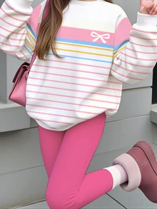 Tween女孩可愛條紋與蝴蝶結圖案，奶油粉色，圓領衛衣與鬆緊腰長褲套裝，適合秋冬保暖，日系可愛舒適秋冬新款 - 彩色 - 查看 6