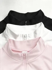 SHEIN Girlism 青少年女孩休閒街頭風極簡黑白針織長袖T恤，彈性拉鍊領修身款，秋冬拉鍊外套 - 彩色 - 查看 4