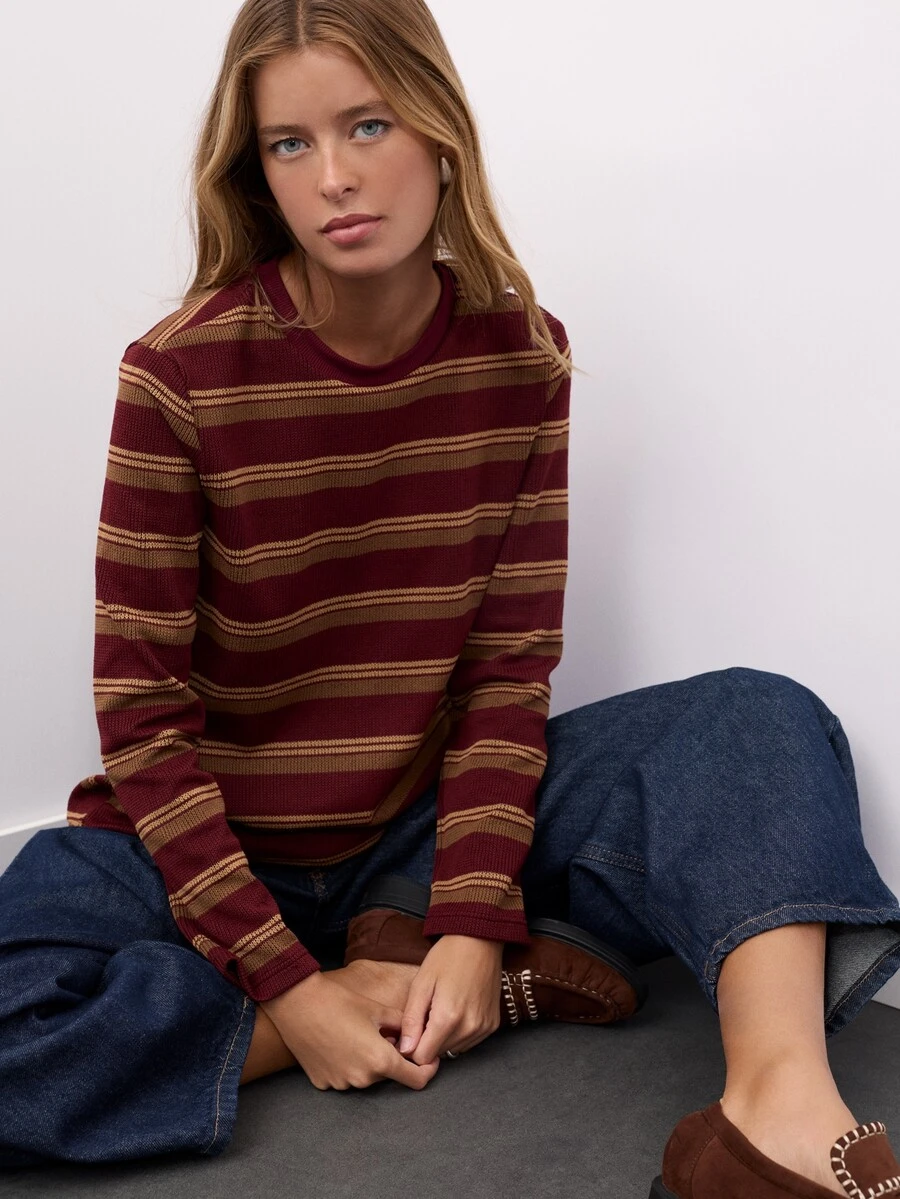 Nöista Burgundy Striped Loose-Fitting Straight-Cut Long-Sleeved Knit T-Shirt.Soft Casual. Suitable School, Commuting,Parties,Travel. Fall Winter,Going Out - Burgundy - View 1