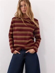 Nöista Burgundy Striped Loose-Fitting Straight-Cut Long-Sleeved Knit T-Shirt.Soft Casual. Suitable School, Commuting,Parties,Travel. Fall Winter,Going Out - Burgundy - View 3