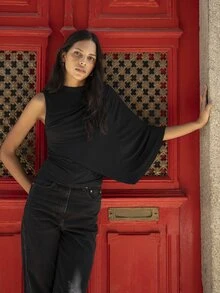 Nöista Black Asymmetric One Shoulder Top With Draped Overlay And Flowing Sleeve Elegant Perfect For Day To Night Styling Halloween - Black - View 1