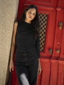 Nöista Black Asymmetric One Shoulder Top With Draped Overlay And Flowing Sleeve Elegant Perfect For Day To Night Styling Halloween - Black - View 2