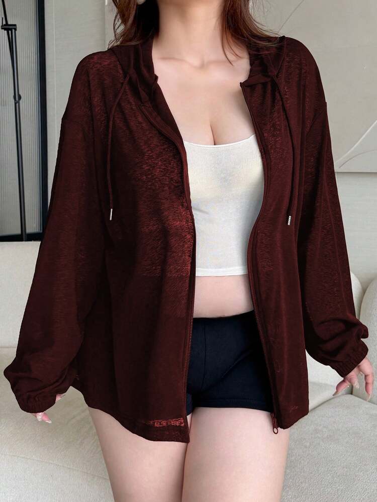 Vibekara Plus Size Casual Loose Fit Hooded Zip-Up Lightweight Jacket - Burgundy - View 4