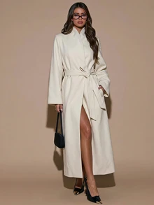 SHEIN BAE Shawl Collar Belted Overcoat Office Cream White Autumn Minimalist Elegant - Apricot - View 4
