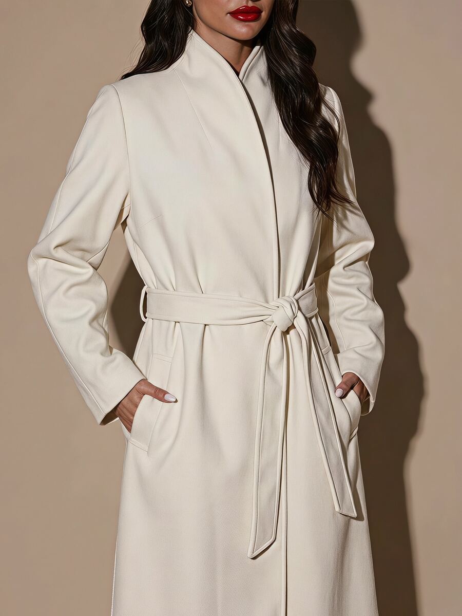SHEIN BAE Shawl Collar Belted Overcoat Office Cream White Autumn Minimalist Elegant - Apricot - View 1