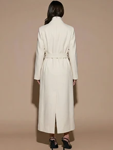 SHEIN BAE Shawl Collar Belted Overcoat Office Cream White Autumn Minimalist Elegant - Apricot - View 2