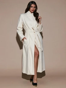 SHEIN BAE Shawl Collar Belted Overcoat Office Cream White Autumn Minimalist Elegant - Apricot - View 3