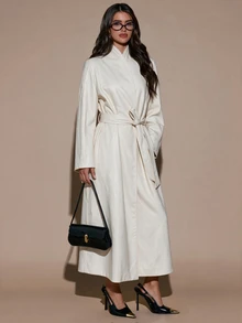 SHEIN BAE Shawl Collar Belted Overcoat Office Cream White Autumn Minimalist Elegant - Apricot - View 5