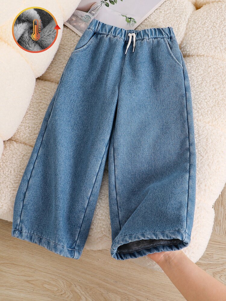 Genkimix Kids Young Girl Blue Thermal-Lined Straight Leg Denim Jeans With Drawstring Waist, Thickened Fuzzy Lining, Casual Back-To-School Pants For Autumn/Winter - Blue - View 6