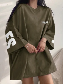 DAZY 女士字母印花圆领落肩宽松休闲T恤超大码T恤 - 軍綠色 - 查看 6