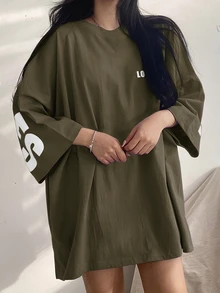 DAZY 女士字母印花圆领落肩宽松休闲T恤超大码T恤 - 軍綠色 - 查看 2