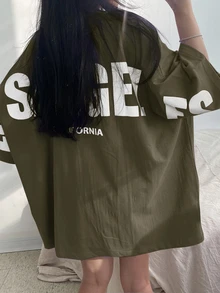 DAZY 女士字母印花圆领落肩宽松休闲T恤超大码T恤 - 軍綠色 - 查看 3