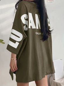 DAZY 女士字母印花圆领落肩宽松休闲T恤超大码T恤 - 軍綠色 - 查看 4