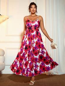 Allurite Plus Size Elegant Floral Print High-Low Hem Cami Summer Dress - Multicolor - View 5