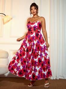 Allurite Plus Size Elegant Floral Print High-Low Hem Cami Summer Dress - Multicolor - View 3