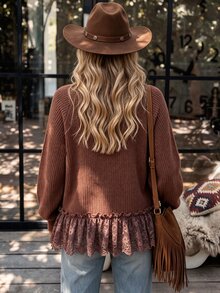 Breezaya Cardigan Wanita Lengan Panjang dengan Detail Renda Kontras dan Rumbai di Bagian Bawah, Gaya Boho Kasual, Cocok untuk Makan Siang, Liburan, Warna Cokelat Kopi, dan Musim Gugur. - Coklat - View 3