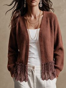 Breezaya Cardigan Wanita Lengan Panjang dengan Detail Renda Kontras dan Rumbai di Bagian Bawah, Gaya Boho Kasual, Cocok untuk Makan Siang, Liburan, Warna Cokelat Kopi, dan Musim Gugur. - Coklat - View 1