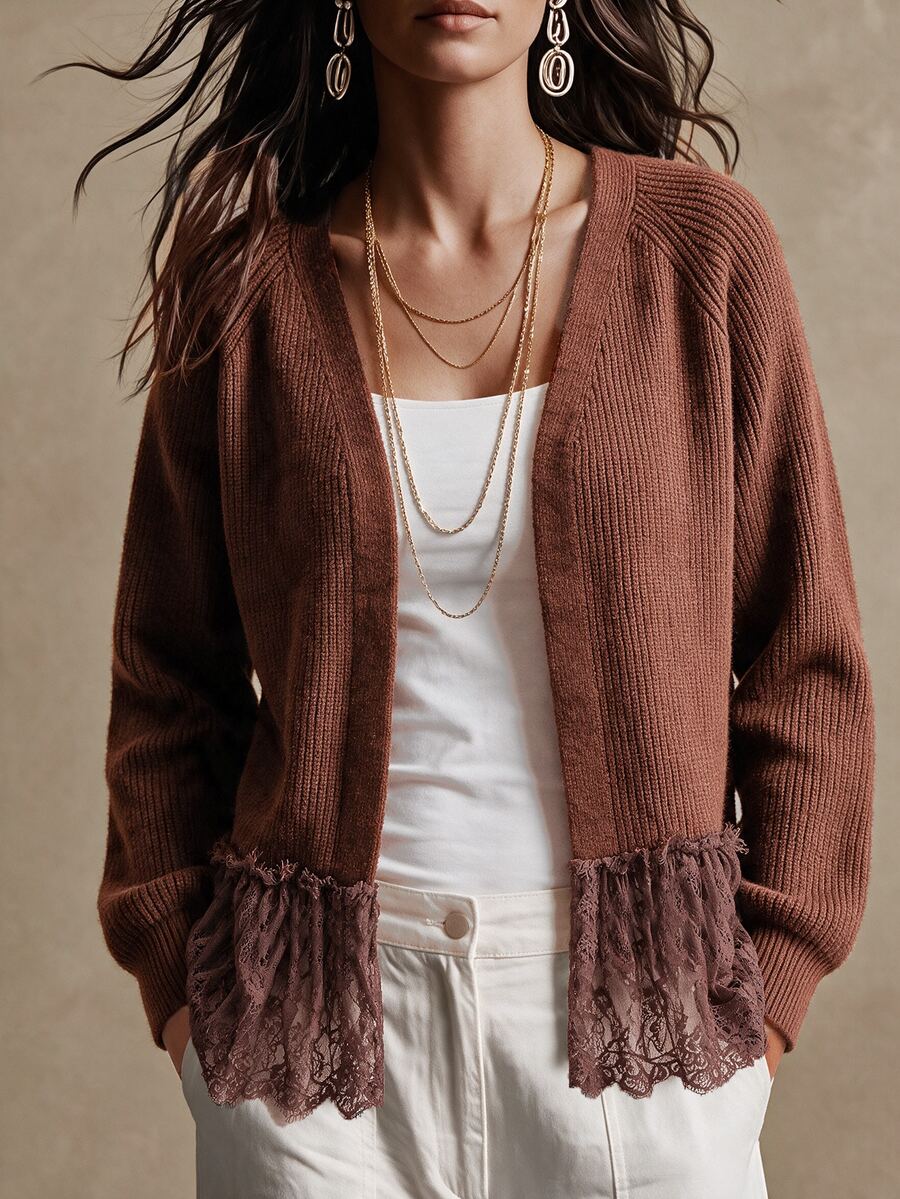 Breezaya Cardigan Wanita Lengan Panjang dengan Detail Renda Kontras dan Rumbai di Bagian Bawah, Gaya Boho Kasual, Cocok untuk Makan Siang, Liburan, Warna Cokelat Kopi, dan Musim Gugur. - Coklat - View 1