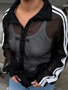 SAYEHFBABY 女士黑色条纹网眼薄外套，带纽扣设计 - 黑色 - 查看 6