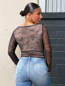 SAYEHFBABY Women's V-Neck Lace Bodycon Short Long Sleeve T-Shirt Going Out Tops Women - Black - View 2