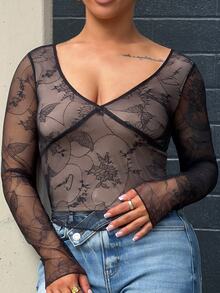 SAYEHFBABY Women's V-Neck Lace Bodycon Short Long Sleeve T-Shirt Going Out Tops Women - Black - View 3