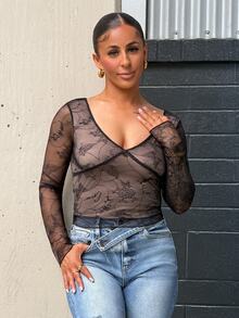 SAYEHFBABY Women's V-Neck Lace Bodycon Short Long Sleeve T-Shirt Going Out Tops Women - Black - View 6