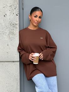 SAYEHFBABY Women's Spring/Summer Loose Casual T-Shirt With Slogan Print, Round Neck And Drop Shoulder Long Sleeves - Brown - View 3