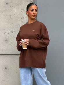 SAYEHFBABY Women's Spring/Summer Loose Casual T-Shirt With Slogan Print, Round Neck And Drop Shoulder Long Sleeves - Brown - View 1
