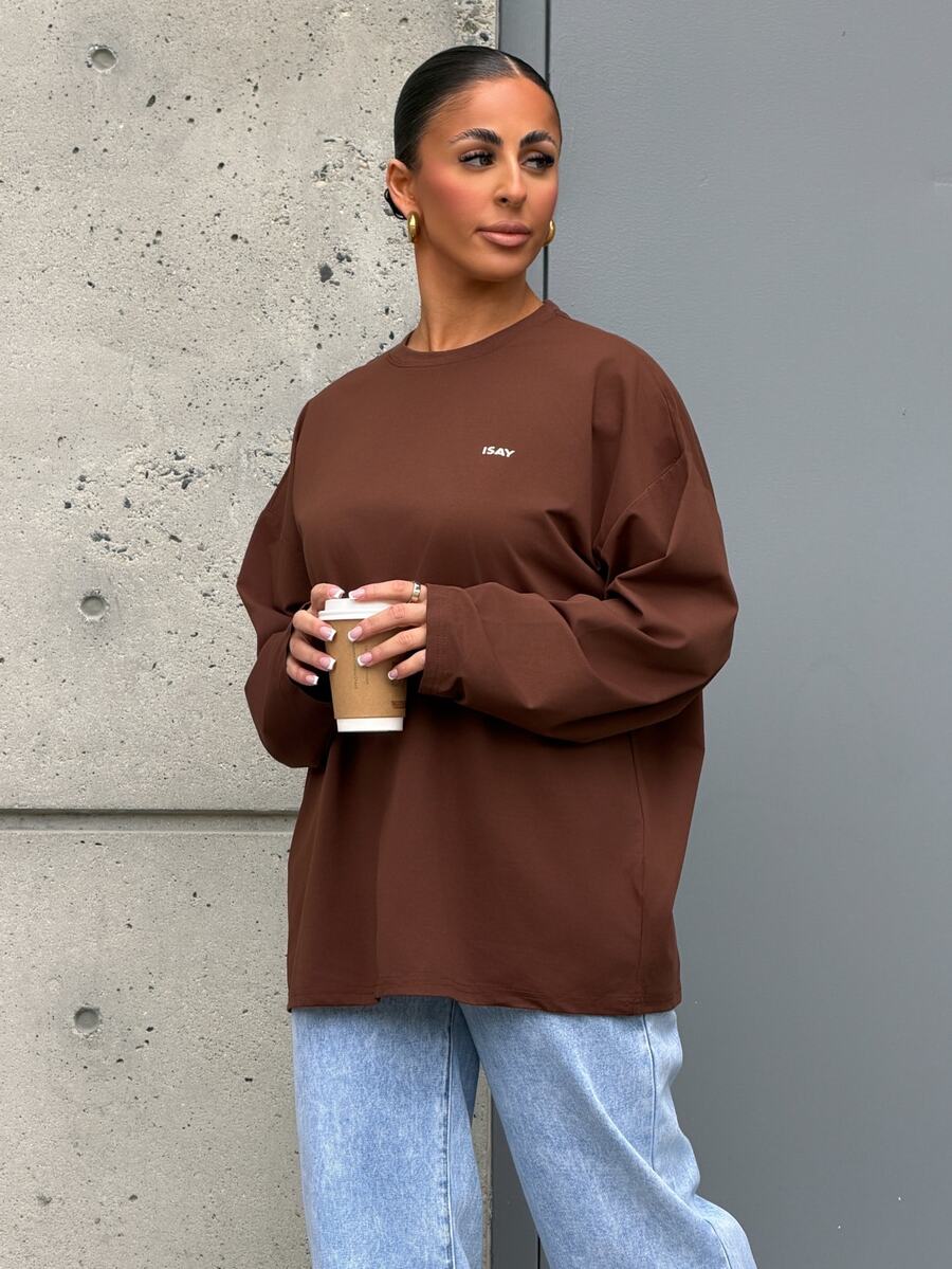 SAYEHFBABY Women's Spring/Summer Loose Casual T-Shirt With Slogan Print, Round Neck And Drop Shoulder Long Sleeves - Brown - View 1