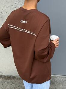 SAYEHFBABY Women's Spring/Summer Loose Casual T-Shirt With Slogan Print, Round Neck And Drop Shoulder Long Sleeves - Brown - View 2