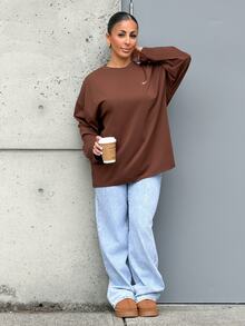 SAYEHFBABY Women's Spring/Summer Loose Casual T-Shirt With Slogan Print, Round Neck And Drop Shoulder Long Sleeves - Brown - View 4