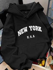 SHEIN MOOSTA 大尺碼女款字母「NEW YORK U.S.A」城市名稱圖案印花保暖抽繩連帽衛衣 - 黑色 - 查看 1