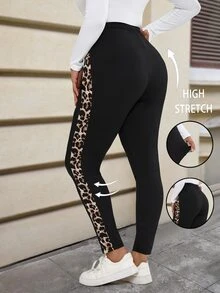 EMERY ROSE Plus Size Casual Smart Casual Cowboy Everyday Workout Gym Work Office Black Patchwork Stretch Leggings, Autumn,Summer/Spring - Black - View 7