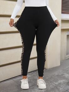 EMERY ROSE Plus Size Casual Smart Casual Cowboy Everyday Workout Gym Work Office Black Patchwork Stretch Leggings, Autumn,Summer/Spring - Black - View 8