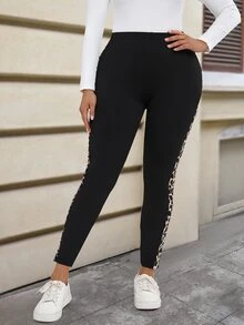 EMERY ROSE Plus Size Casual Smart Casual Cowboy Everyday Workout Gym Work Office Black Patchwork Stretch Leggings, Autumn,Summer/Spring - Black - View 5