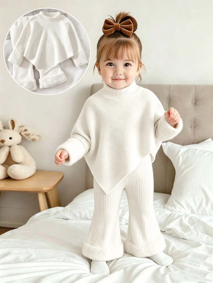 SHEIN Playful Pals 女嬰秋冬休閒百搭 T 恤套裝，不對稱設計套頭高領針織面料白色純色長袖上衣，搭配白色休閒喇叭長褲，2 件套，適合秋冬，可愛甜美風，簡單保暖，適合外出、旅行、度假，0-3 歲 - 白色 - 查看 1