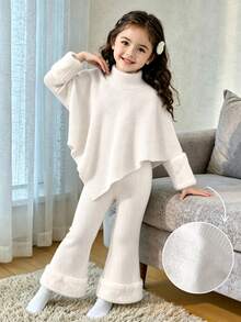 SHEIN Playful Pals 女嬰秋冬休閒百搭 T 恤套裝，不對稱設計套頭高領針織面料白色純色長袖上衣，搭配白色休閒喇叭長褲，2 件套，適合秋冬，可愛甜美風，簡單保暖，適合外出、旅行、度假，0-3 歲 - 白色 - 查看 4