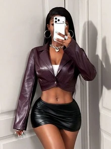BamGleam Women's American Hot Girl Style Motorcycle Sexy Rave High-End Design Cool Jacket Club Night Out Wine Red Autumn - Burgundy - View 2