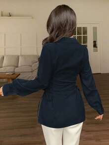 Modelyn Fashionable Versatile Solid Color Criss-Cross Tie Waist Blouse - Navy Blue - View 4