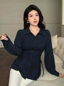 Modelyn Fashionable Versatile Solid Color Criss-Cross Tie Waist Blouse - Navy Blue - View 2