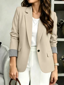 SHEIN PETITE CURVE Women's Plus Size Patchwork Striped Fashion Commuter Blazer - Khaki - View 9