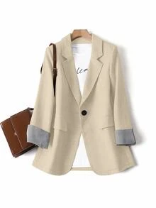SHEIN PETITE CURVE Women's Plus Size Patchwork Striped Fashion Commuter Blazer - Khaki - View 5