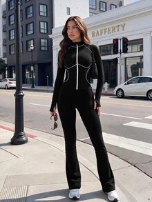 SHEIN Dewbera جاكيت رياضي نسائي كاجوال مخطط بألوان متباينة بسحاب وأكمام طويلة - أبيض وأسود - مشاهدة 8