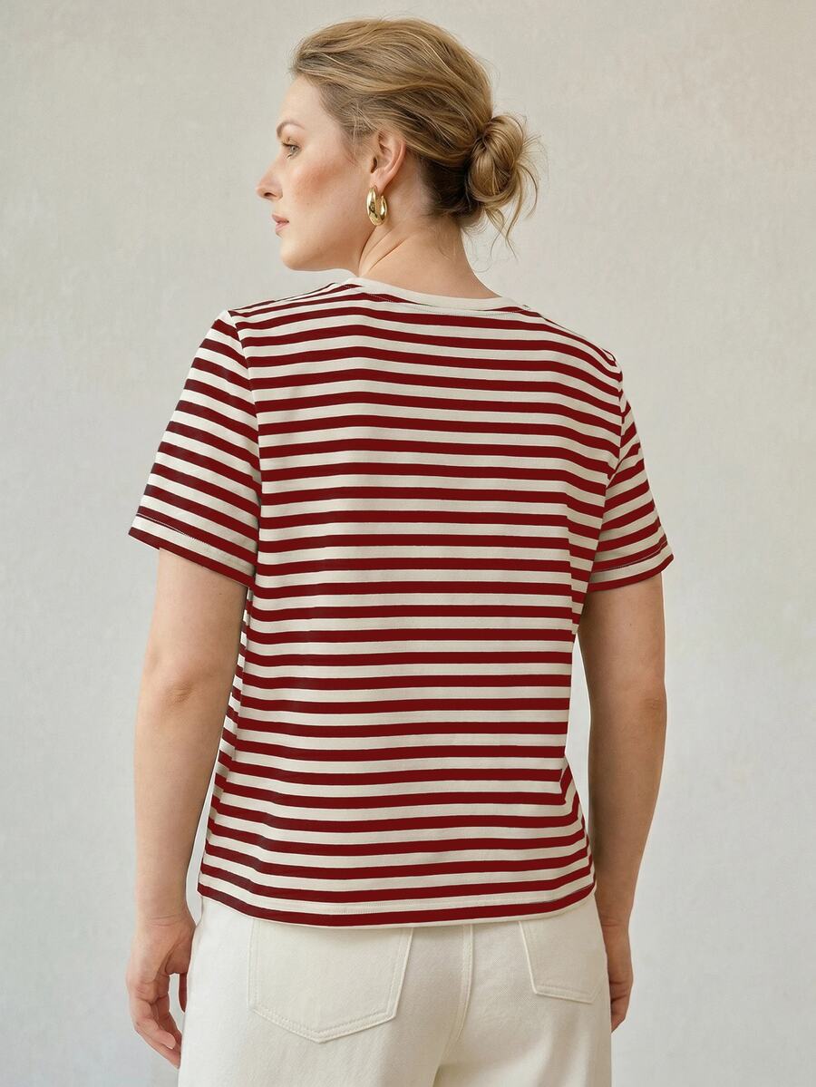 MOTF PREMIUM CLASSIC STRIPED ROUND NECK SHORT SLEEVE T-SHIRT WOMEN SPRING SUMMER NEW LOOSE COLORBLOCK PLUS SIZE TOP - Burgundy - View 2
