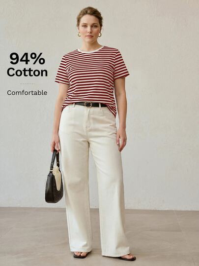 MOTF PREMIUM Camiseta de manga corta con cuello redondo a rayas clásicas para mujer, nueva para primavera y verano, suelta, con bloques de color, talla grande