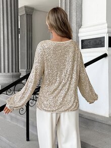 SHEIN Women's Fall Cream Sequin V-Neck Long-Sleeve Top,Sparkle Lantern Sleeve Loose Blouse,Shiny Occasion Wear For Daily Party Gathering Party Dinner Commte - Apricot - View 2