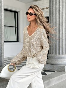 SHEIN Women's Fall Cream Sequin V-Neck Long-Sleeve Top,Sparkle Lantern Sleeve Loose Blouse,Shiny Occasion Wear For Daily Party Gathering Party Dinner Commte - Apricot - View 7