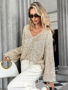 SHEIN Women's Fall Cream Sequin V-Neck Long-Sleeve Top,Sparkle Lantern Sleeve Loose Blouse,Shiny Occasion Wear For Daily Party Gathering Party Dinner Commte - Apricot - View 3