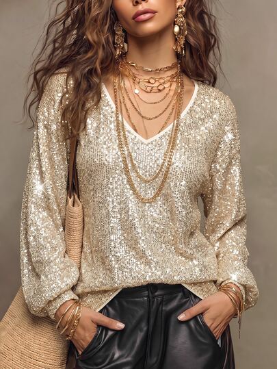 SHEIN Top femme automne crème à sequins col V manches longues,Blouse ample à manches lanternes scintillantes,Tenue de soirée brillante pour usage quotidien,fête,rassemblement,dîner,commute