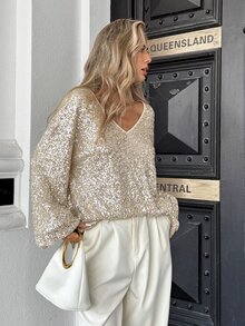 SHEIN Women's Fall Cream Sequin V-Neck Long-Sleeve Top,Sparkle Lantern Sleeve Loose Blouse,Shiny Occasion Wear For Daily Party Gathering Party Dinner Commte - Apricot - View 6